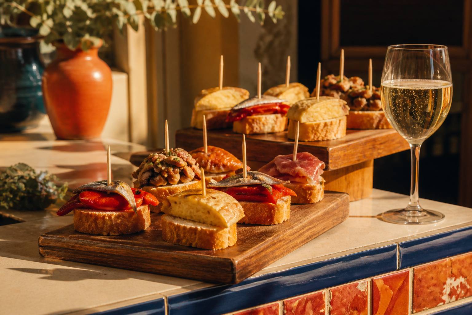 Pintxos basques sur tranches de pain garnies de pimientos, anchois et jambon