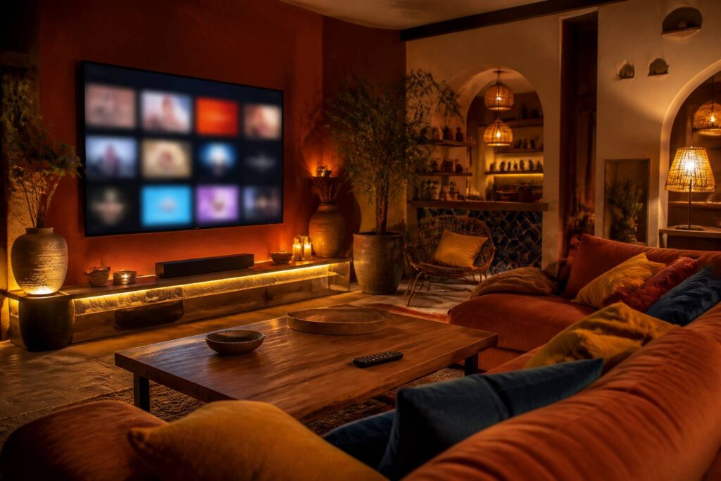 Salon cosy avec grand écran diffusant une interface de streaming dans une lumière chaude du soir