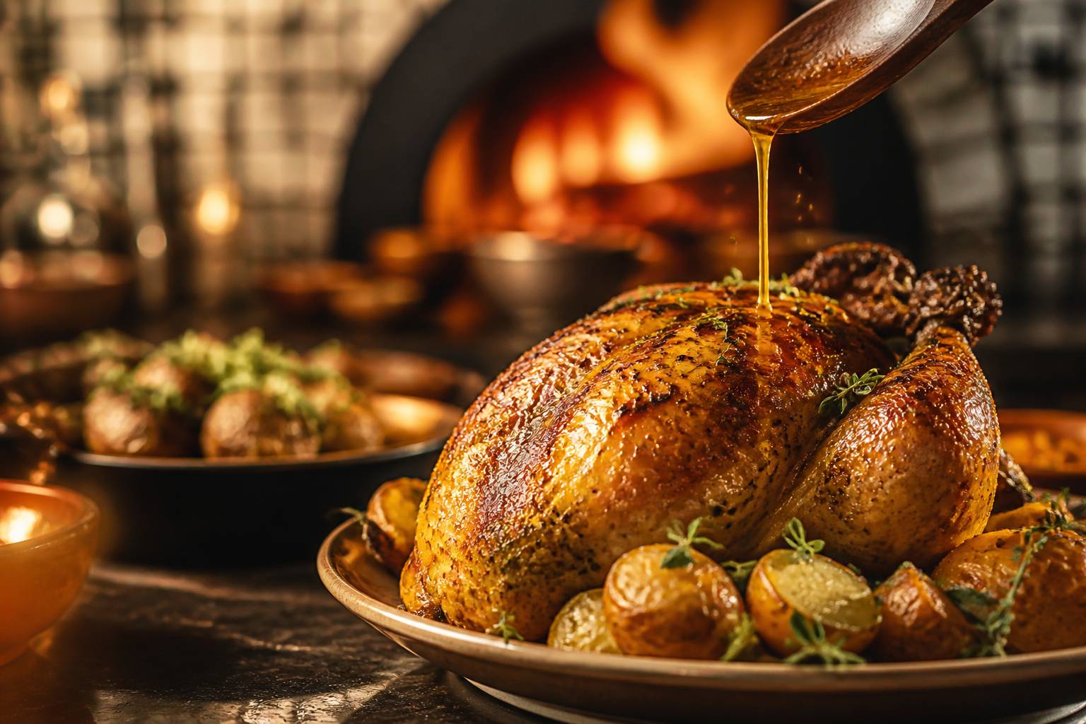 Cuillère versant le jus de cuisson sur un poulet rôti à la peau croustillante