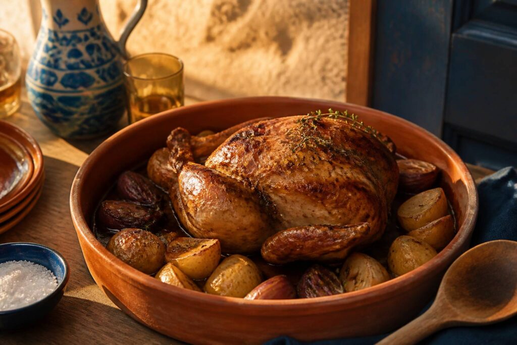 Poulet rôti à la peau dorée dans un plat en terre avec pommes de terre et thym
