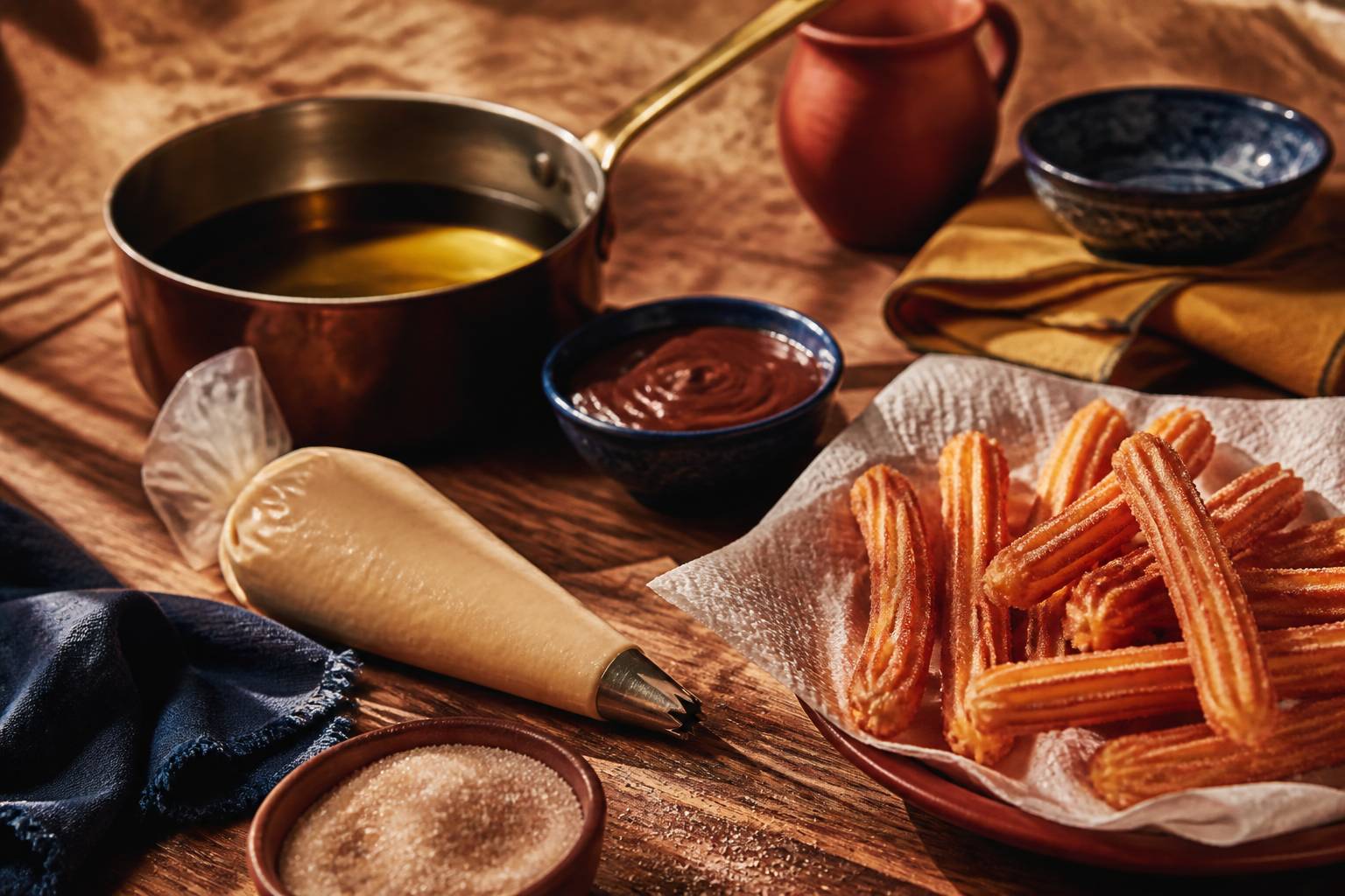 Préparation de churros maison avec poche à douille, friture et bols de sucre et chocolat