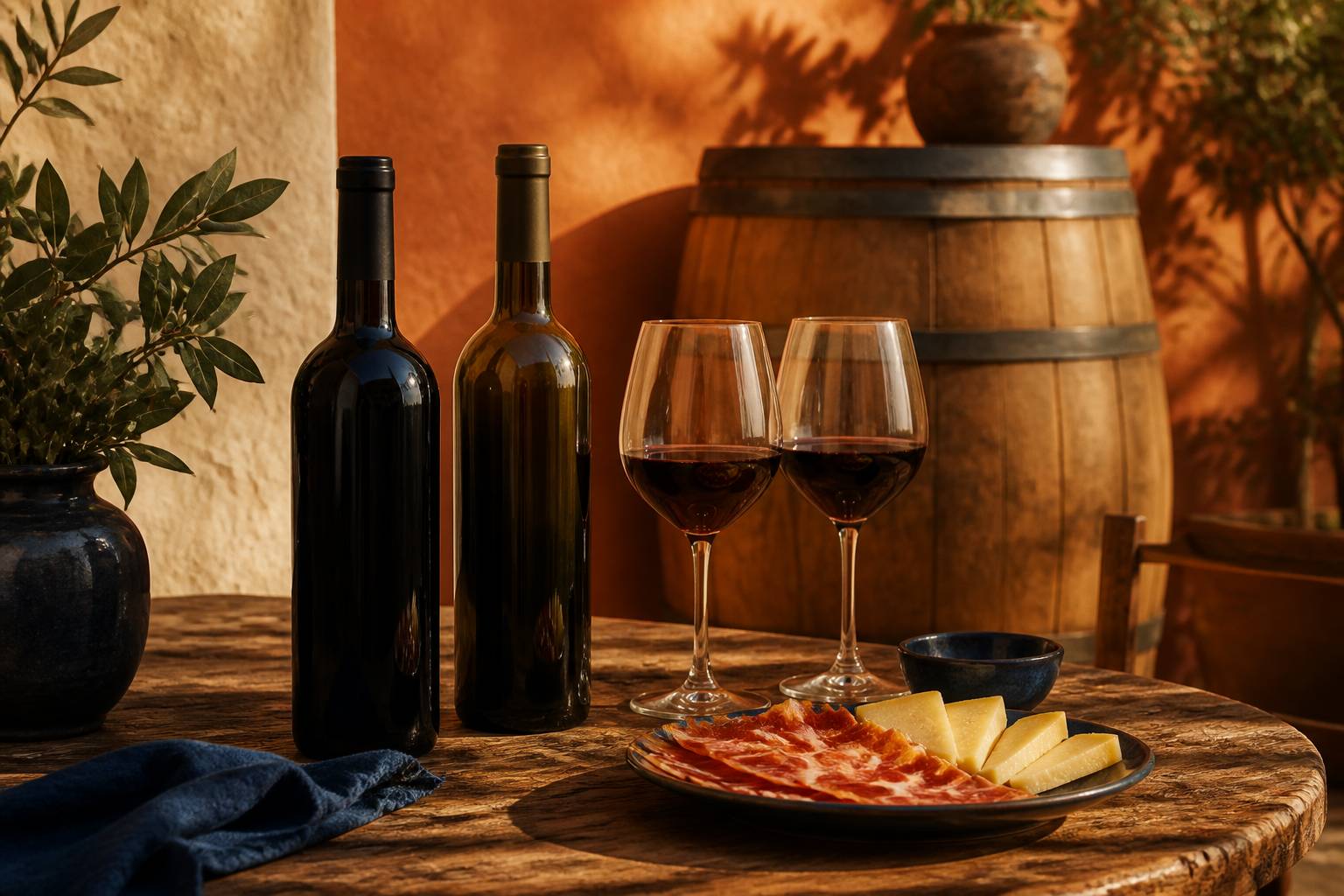 Deux bouteilles de Rioja avec verres de dégustation, jambon serrano et manchego