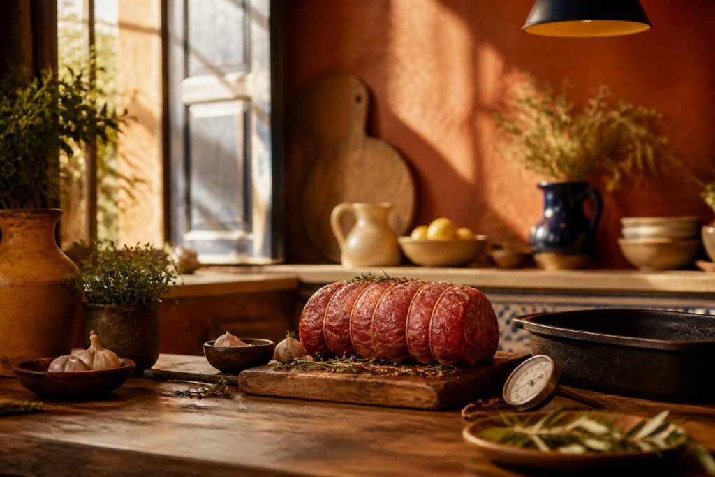 Rôti de bœuf ficelé avec thym et romarin sur une planche en bois