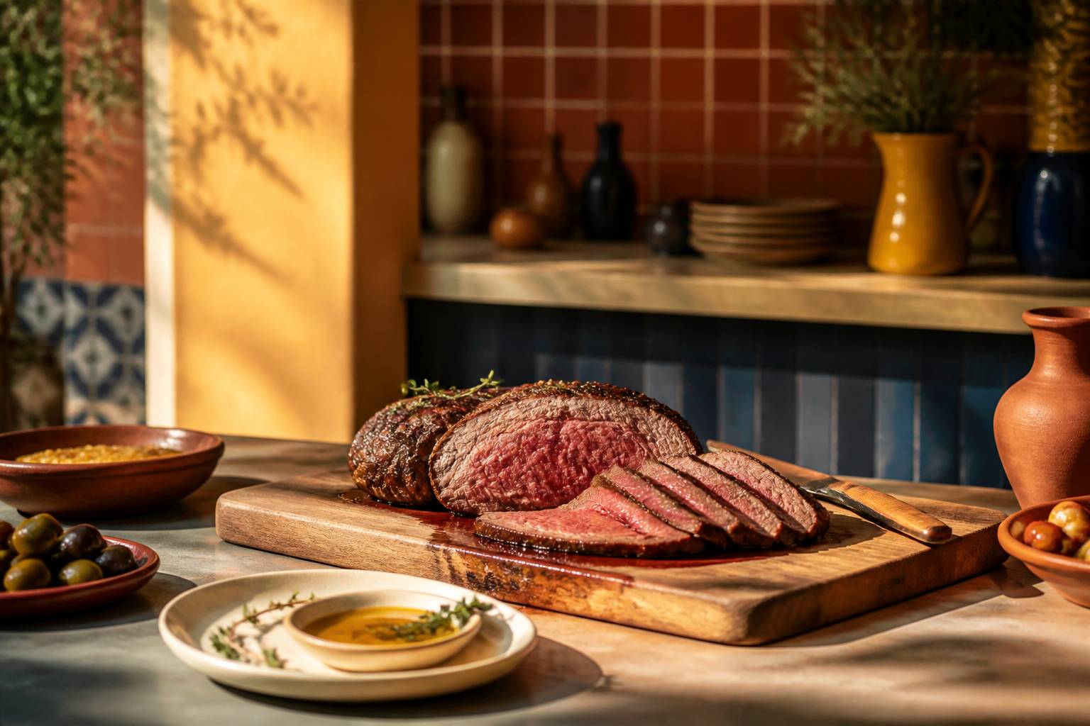 Rôti de bœuf tranché rosé avec son jus sur une planche en bois