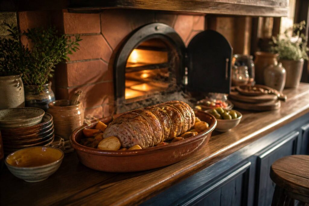 Rôti de porc ficelé dans un plat en terre avec pommes de terre