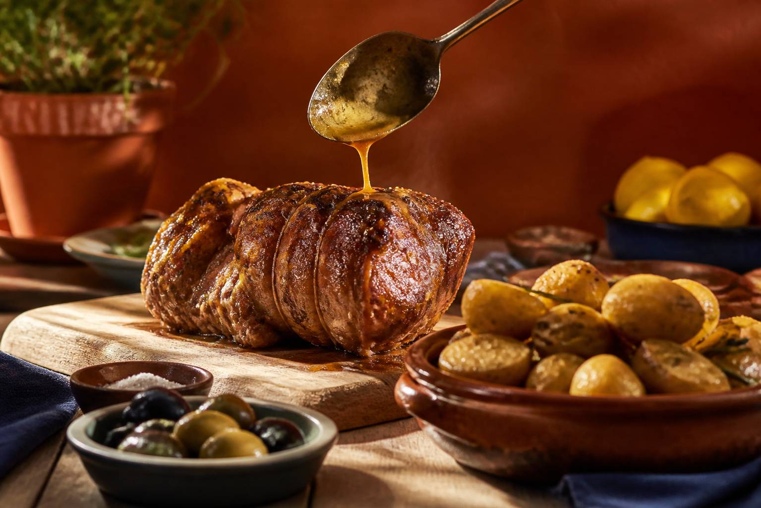 Rôti de porc reposant sur une planche avec son jus de cuisson