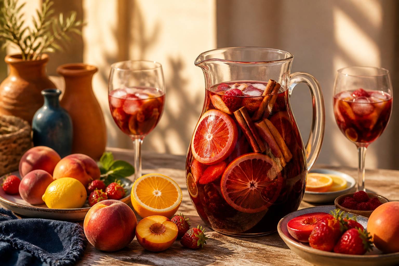 Pichet de sangria rouge avec rondelles d'orange, fraises et fruits d'été autour