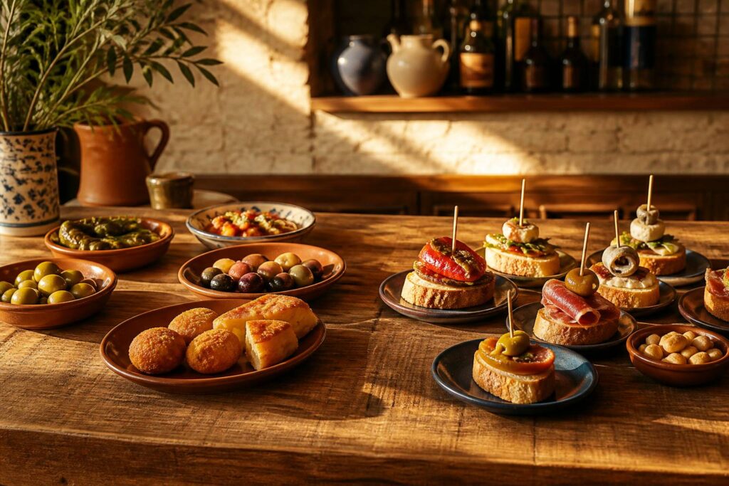 Table en bois avec assiettes de tapas à partager et pintxos basques sur cure-dents