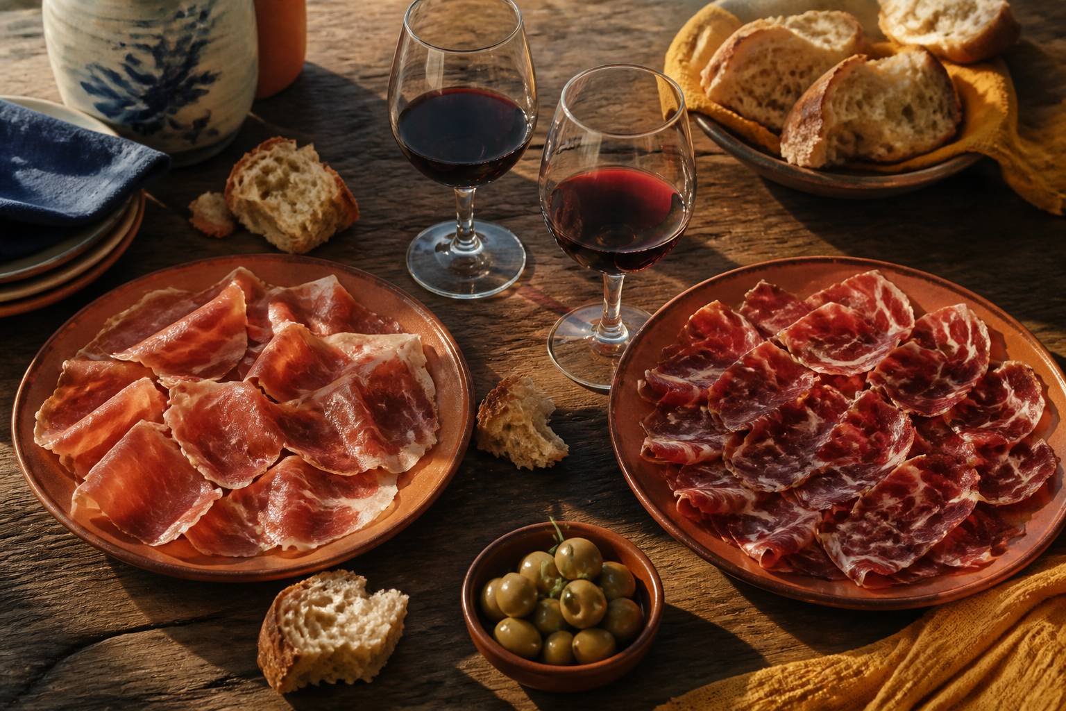 Deux assiettes de tranches fines de jambon serrano clair et ibérique foncé marbré