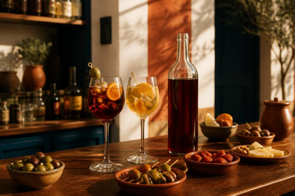Deux verres de vermouth espagnol rouge et blanc garnis d'orange et d'olive