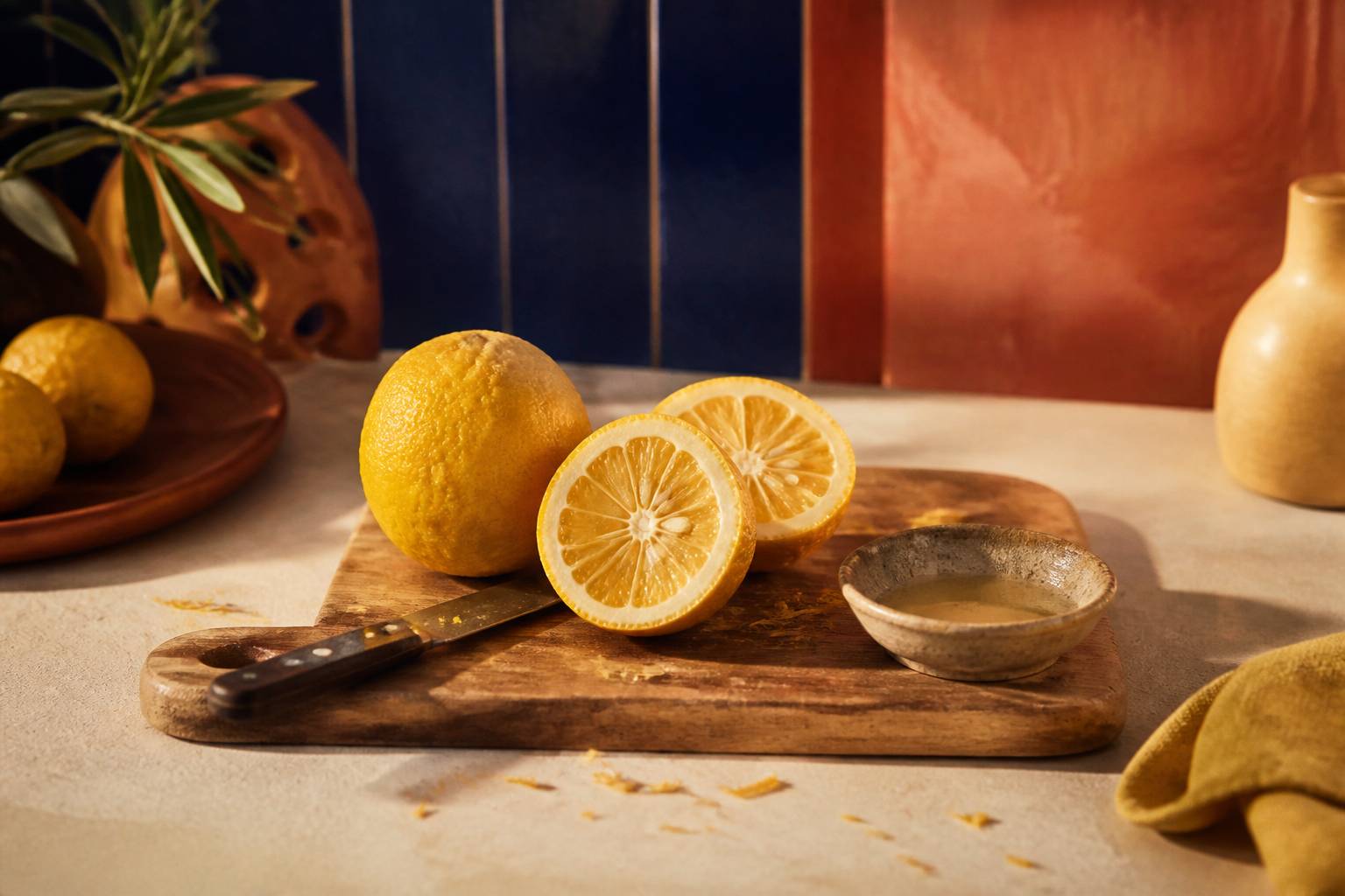 Yuzu entier et coupé avec zestes sur une planche de découpe