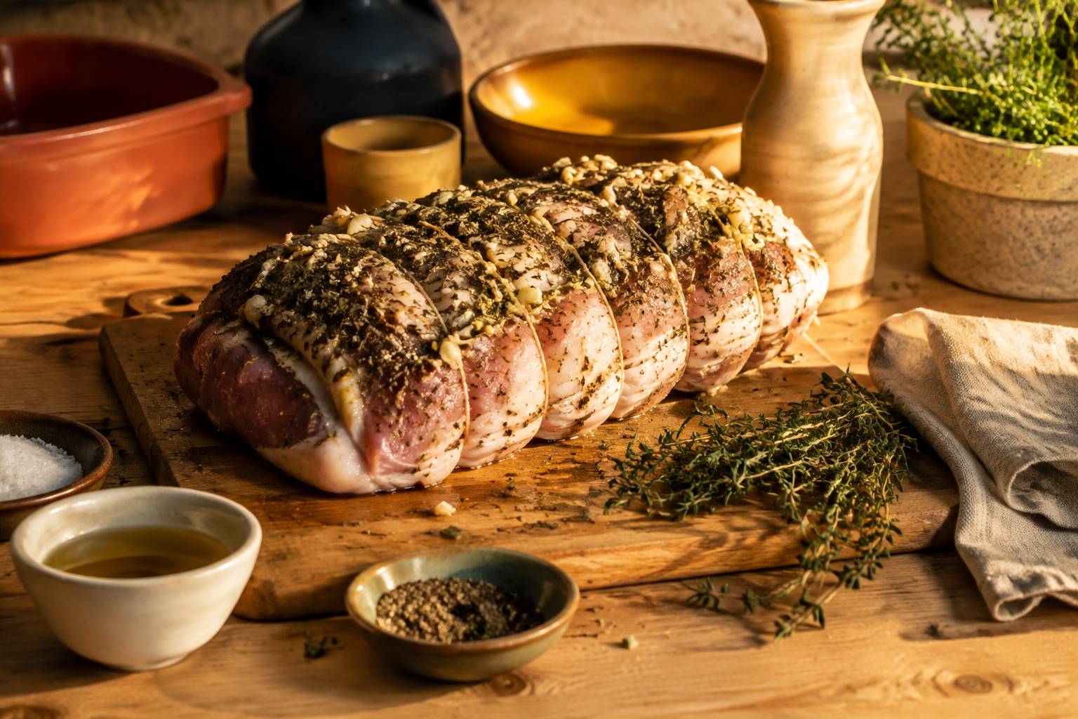 Rôti de porc frotté d'herbes et d'ail avec huile d'olive sur un plan de travail