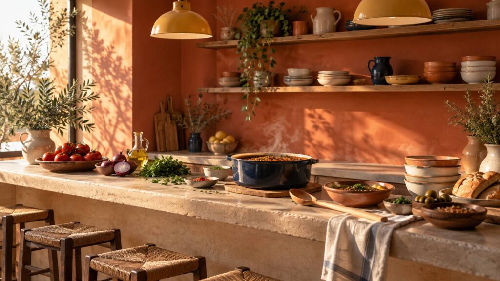 Comptoir de bar à tapas avec casserole de lentilles et légumes frais