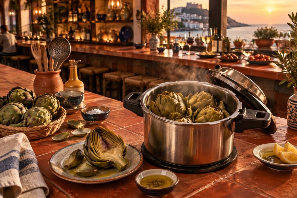 Illustration éditoriale du sujet : Cuisson express des artichauts à la cocotte minute : le secret d'une tendreté parfaite en un clin d'œil
