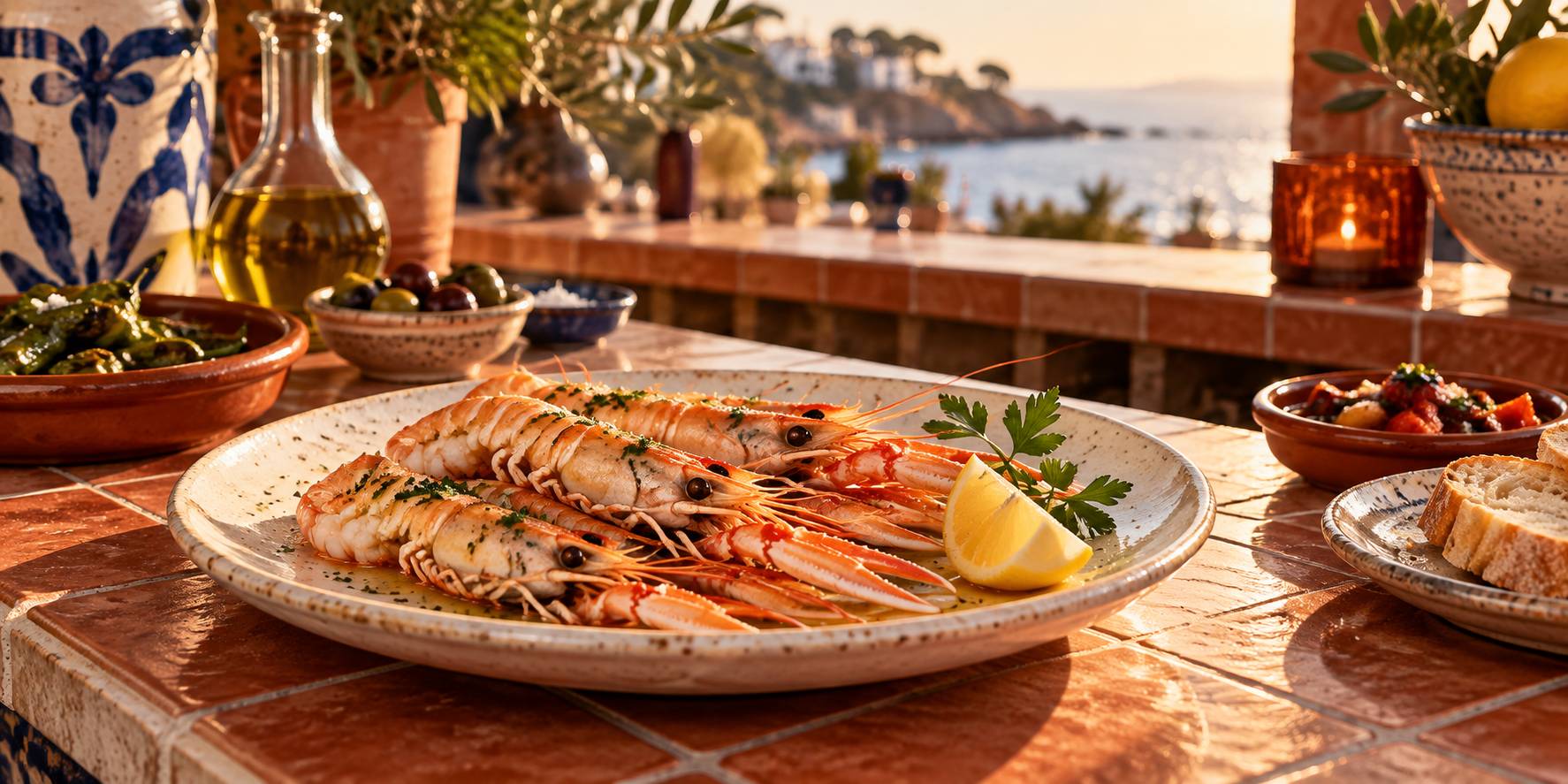 Langoustines cuites nacrées dans une assiette avec quartier de citron