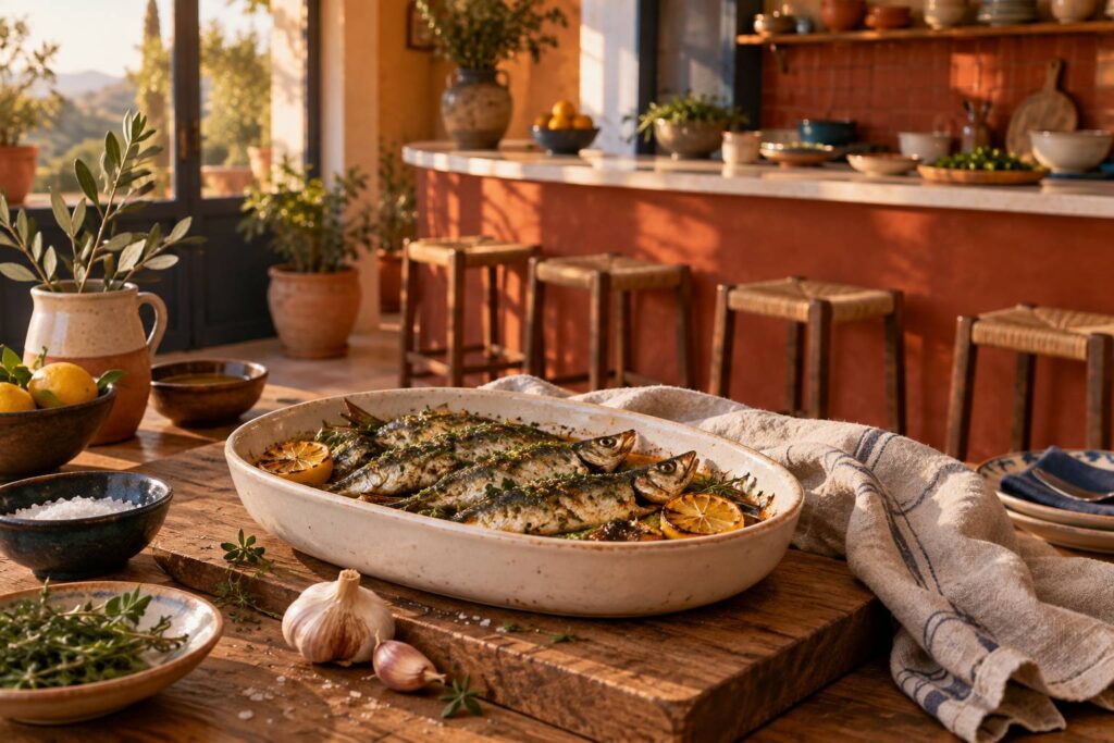 Poissons entiers aux herbes et citron dans un plat de cuisine