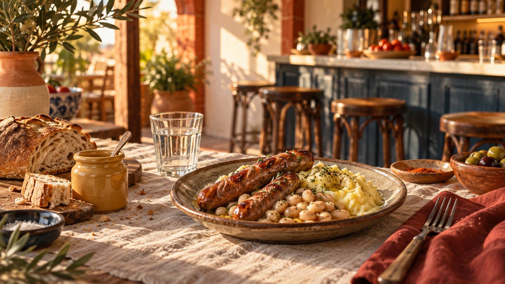 Assiette de saucisses dorées avec purée et haricots blancs sur une table rustique