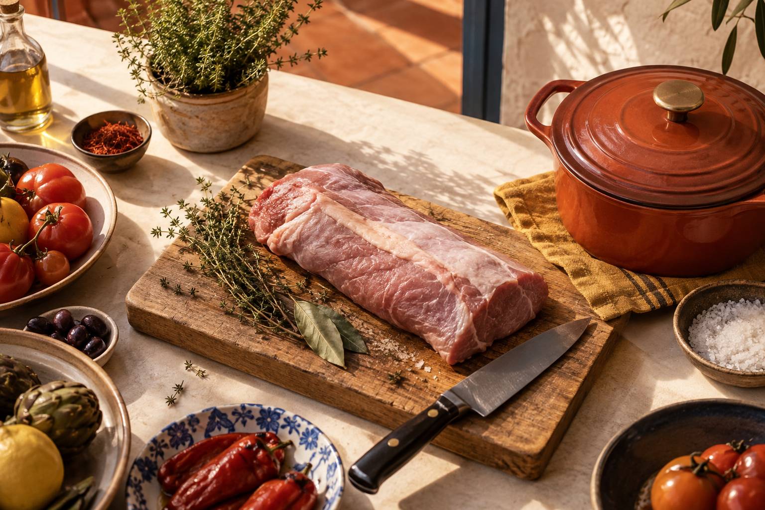 Piece de veau paree avec thym et laurier sur une planche de cuisine
