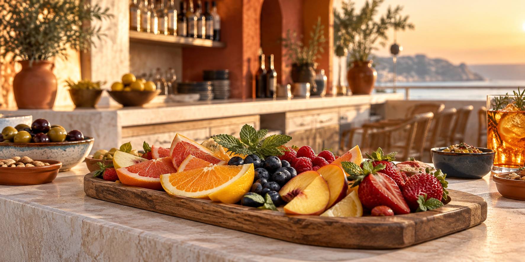 Plateau de bois garni de fruits frais coupés et de baies