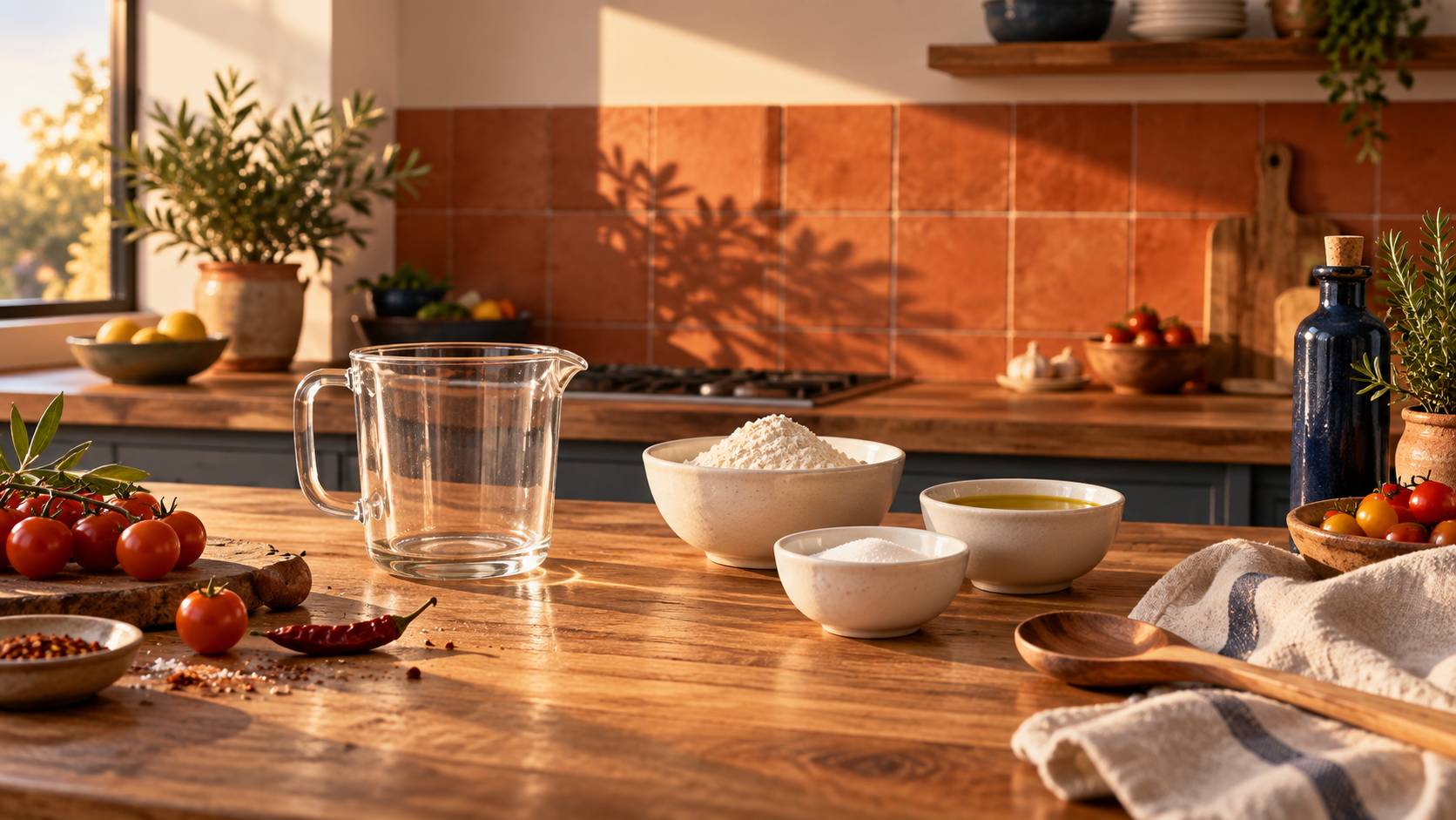 Balance de cuisine, verre doseur et bols de farine, sucre et huile sur un plan de travail