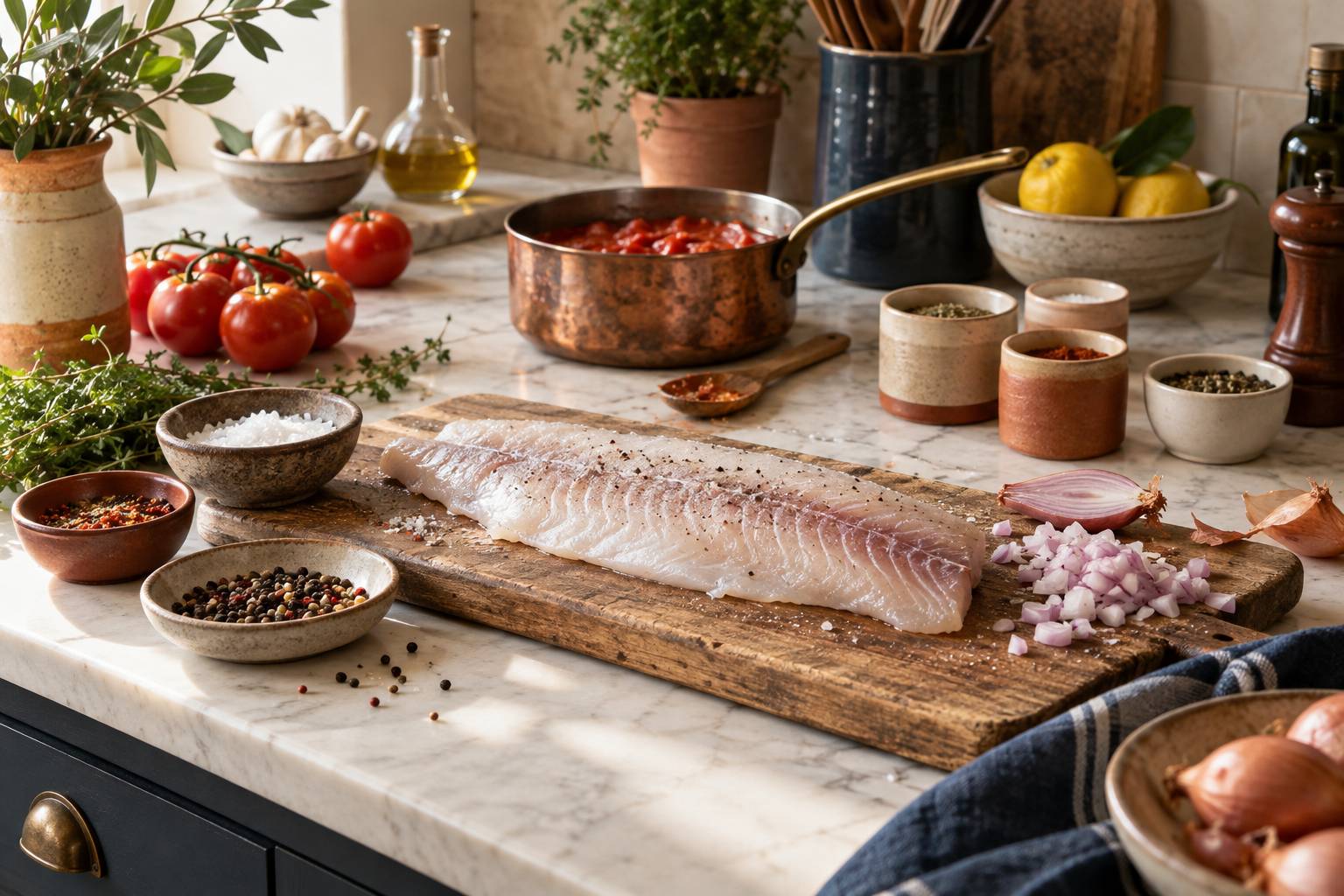 Filet de poisson cru, echalotes et casserole de tomates