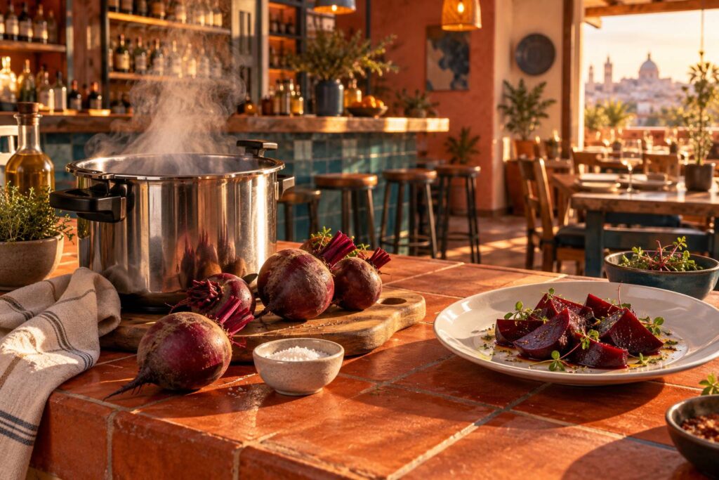 Illustration éditoriale du sujet : Maîtriser la cuisson vapeur : le secret pour des betteraves tendres et savoureuses