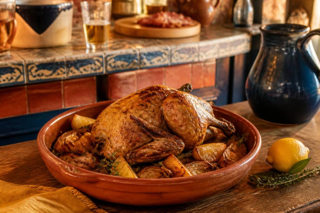 Pintade rôtie dorée dans un plat en terre cuite avec pommes de terre et oignons