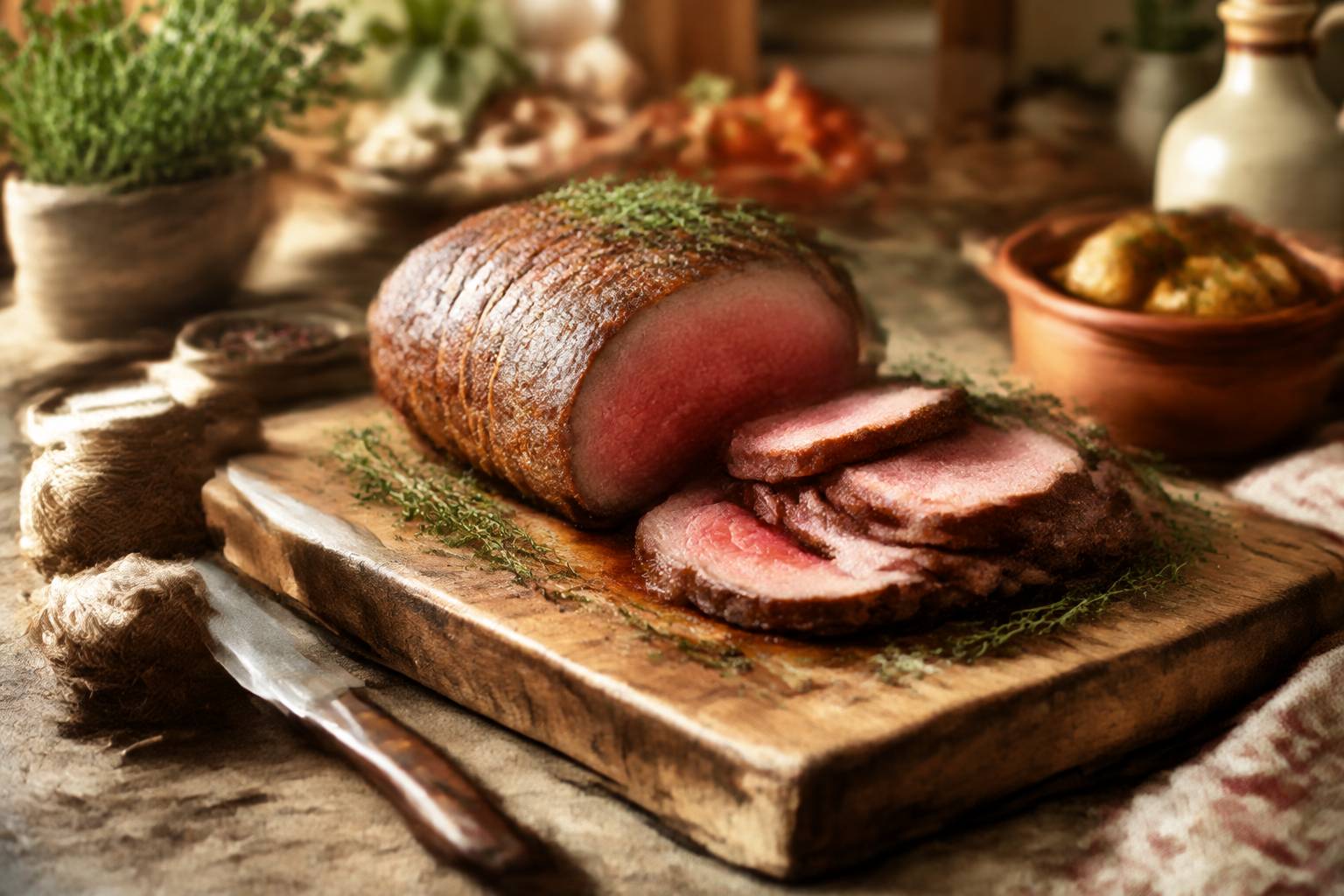 Rôti de bœuf tranché au cœur rosé sur planche en bois avec thym et couteau à découper