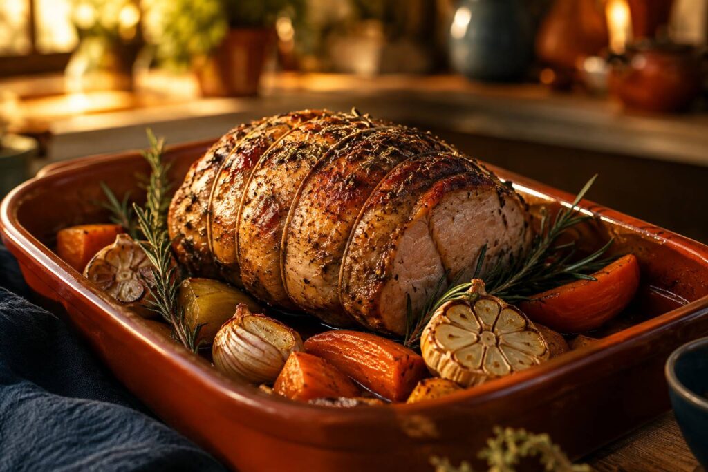 Rôti de porc ficelé doré aux herbes dans un plat en terre cuite avec légumes