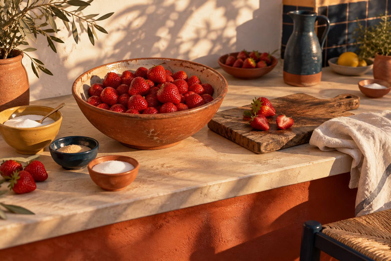 Saladier de fraises equeutees sur un comptoir en bois