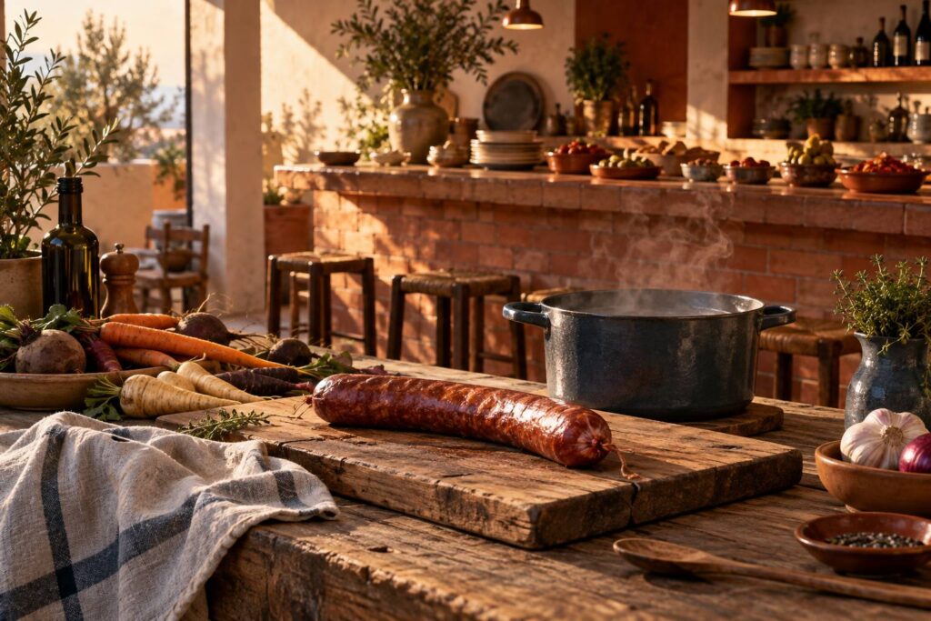 Saucisse fumee posee sur une planche avec casserole d'eau fremissante