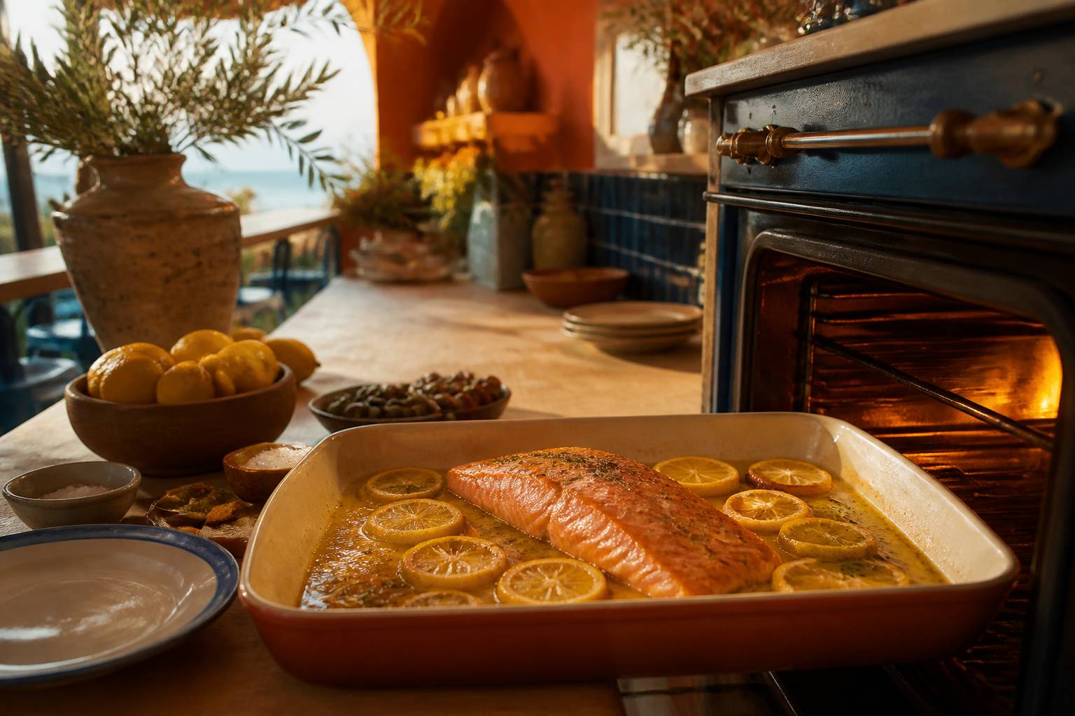 Pavé de saumon dans un plat allant au four avec beurre fondu et rondelles de citron