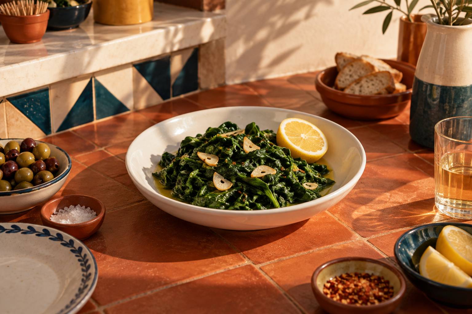 Epinards cuits avec ail et citron dans un plat creux