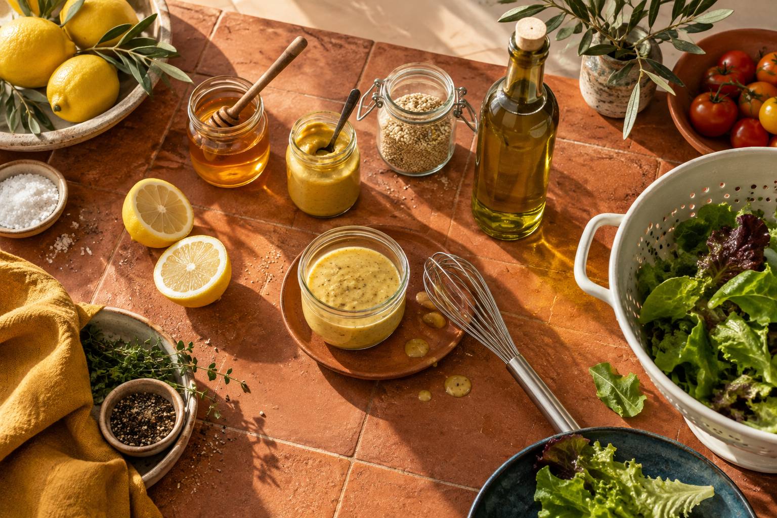 Ingredients de vinaigrettes avec agrumes, miel, moutarde et sesame sur un plan de travail