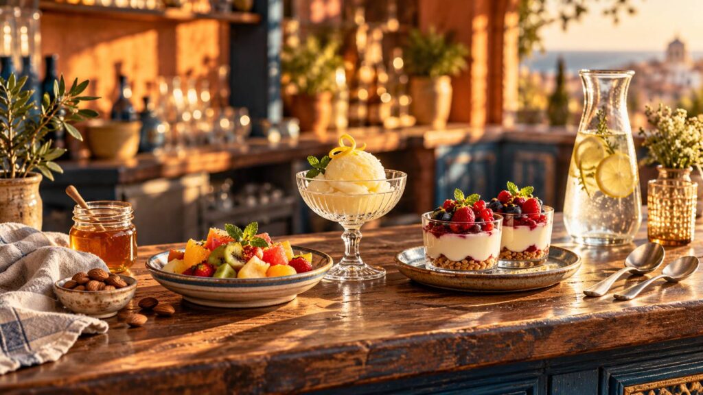 Trois assiettes de desserts legers — salade de fruits, sorbet et verrines — sur un comptoir de bar a tapas