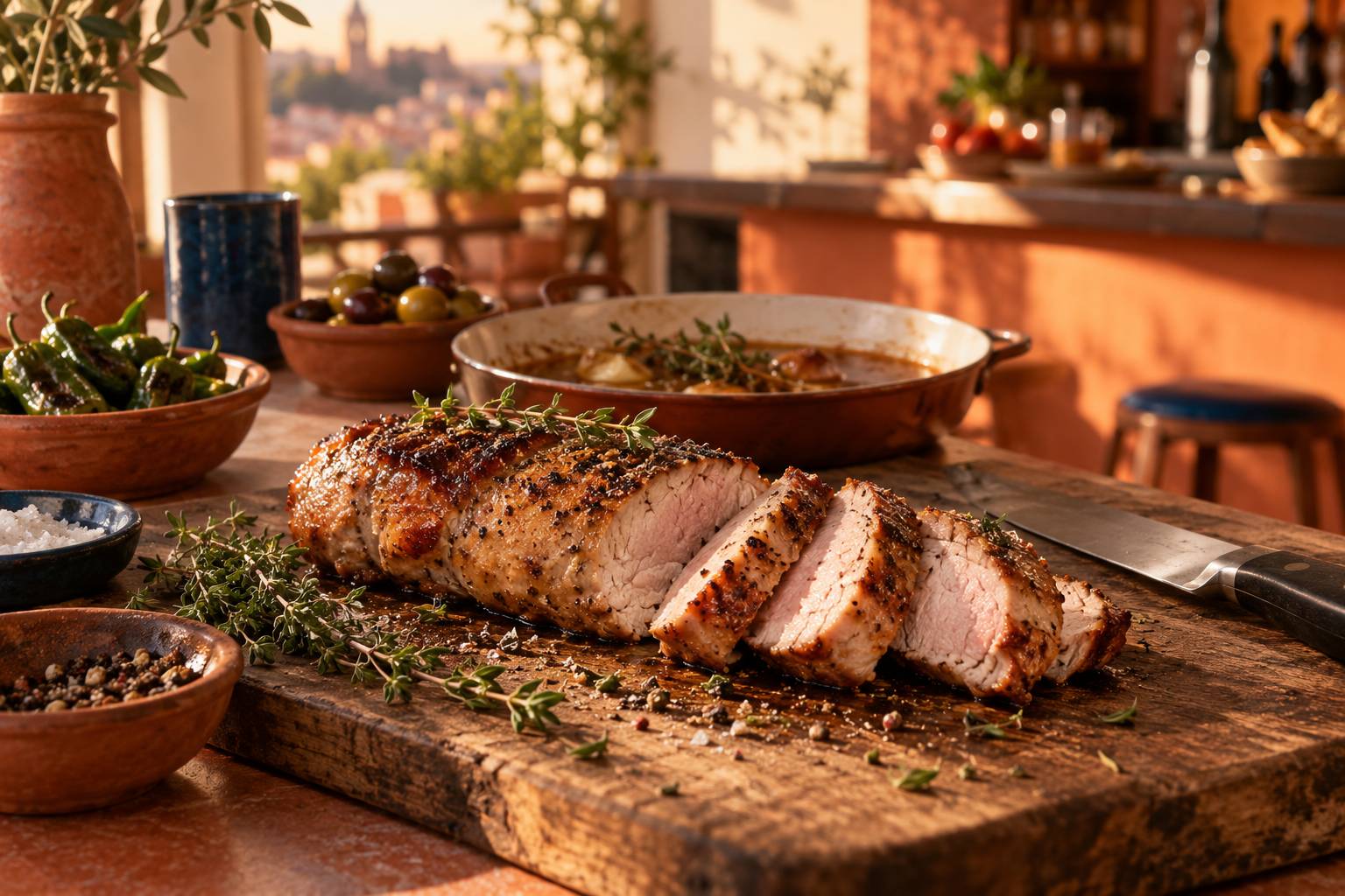 Piece de filet mignon de porc doree sur une planche en bois avec du thym frais