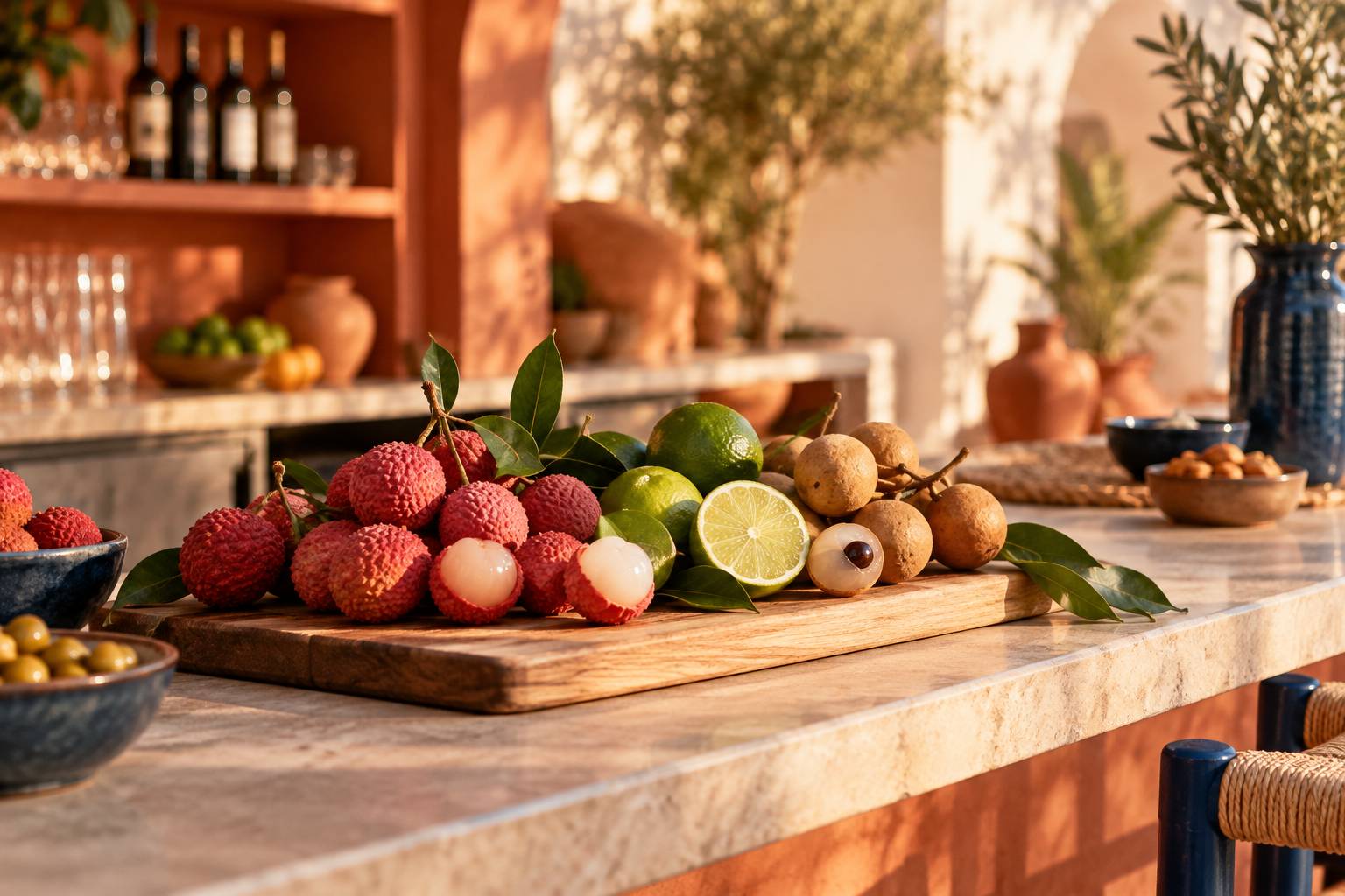 Gros plan de litchis, limes et longanes sur une planche en bois