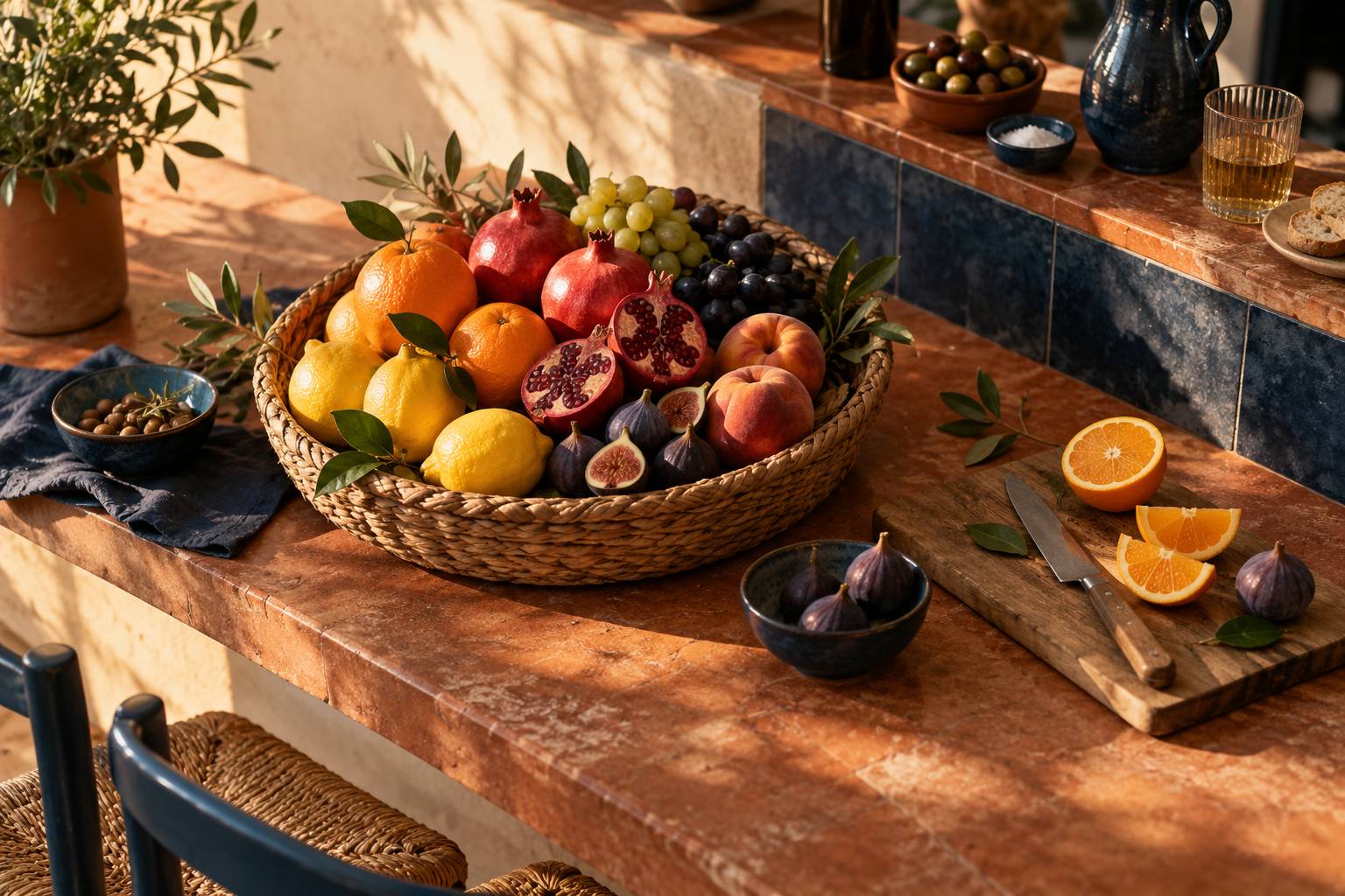 Panier de fruits colores ranges par varietes sur un plan de travail