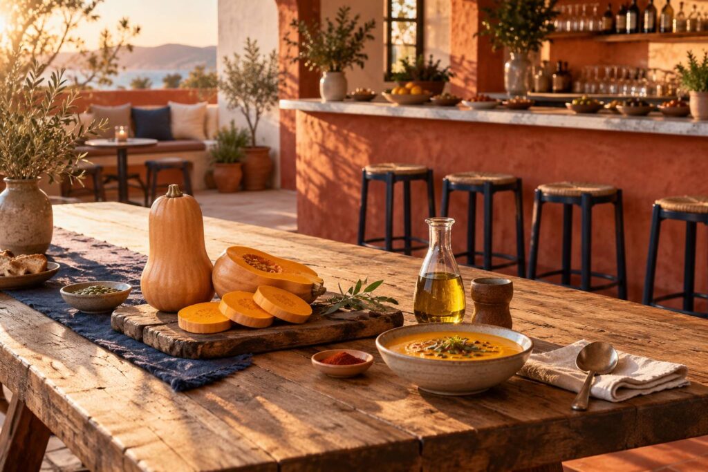 Courge butternut entiere et tranchee avec un bol de veloute orange
