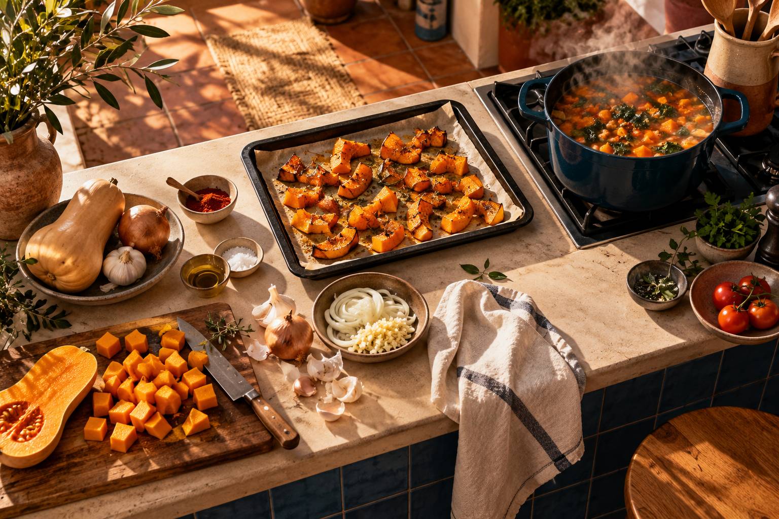 Des de courge butternut et pimenton sur un plan de travail de cuisine