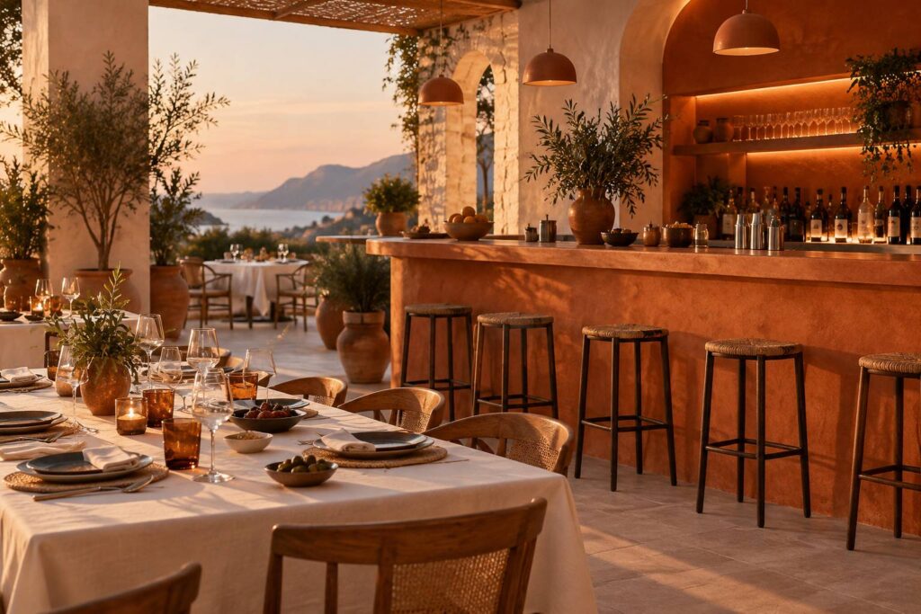 Table de diner conviviale dressee avec assiettes et fleurs