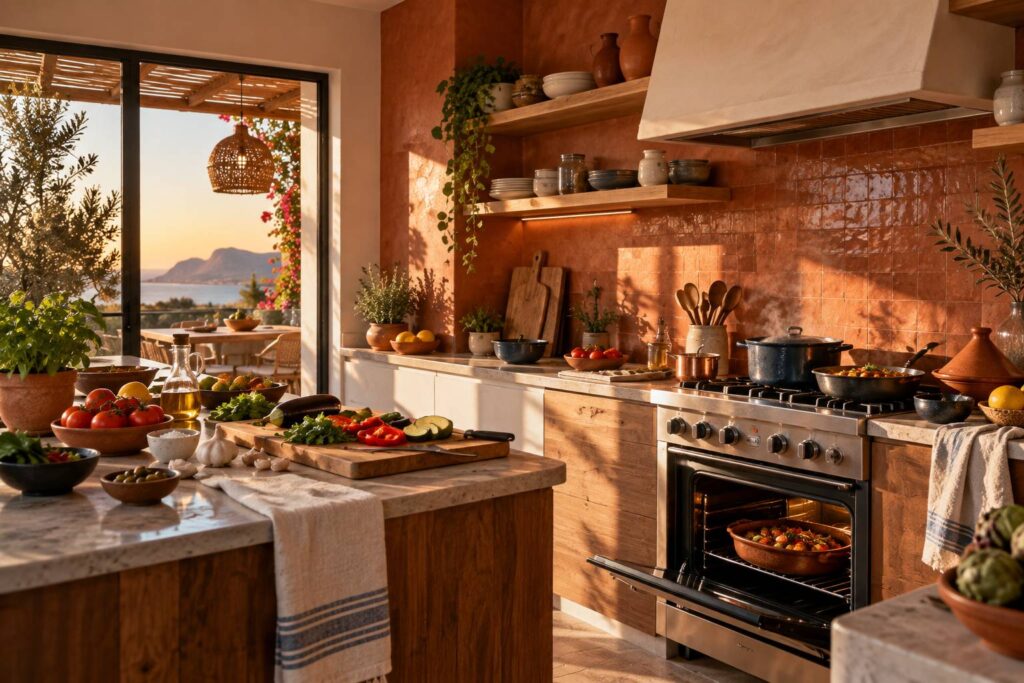Cuisine lumineuse avec casseroles sur les feux et plat au four entrouvert