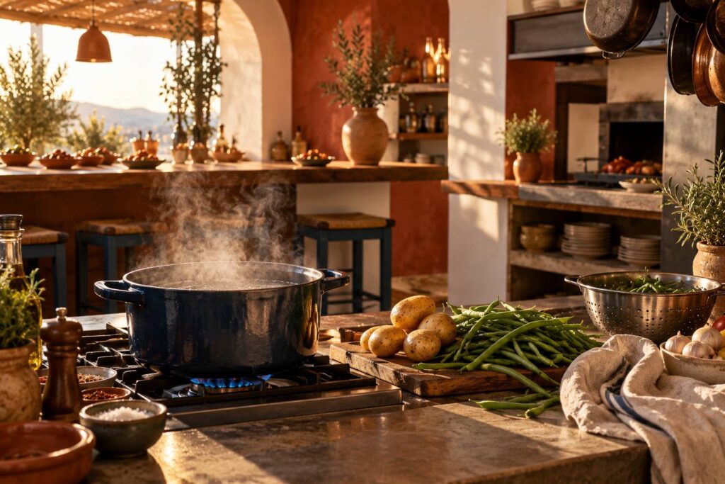 Casserole d'eau bouillante et légumes frais sur un plan de travail de cuisine