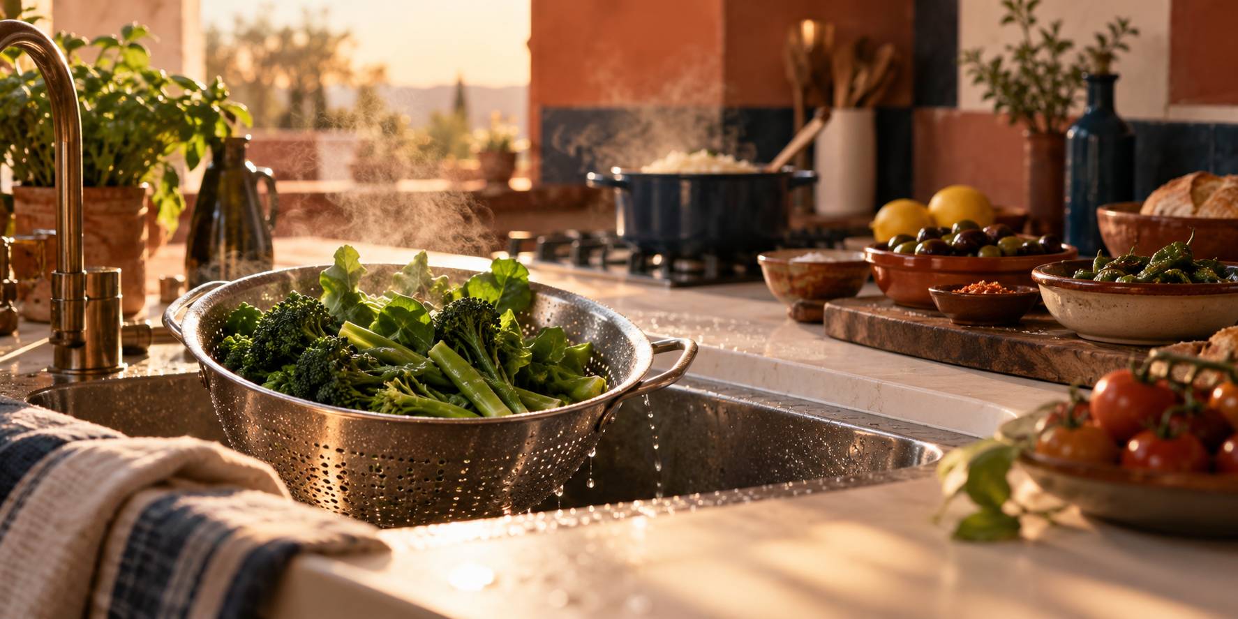 Légumes verts égouttés dans une passoire avec vapeur légère