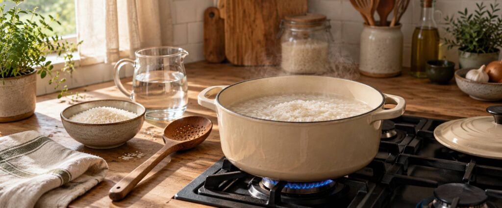 Riz blanc en train de mijoter dans une casserole émaillée sur un plan de travail en bois