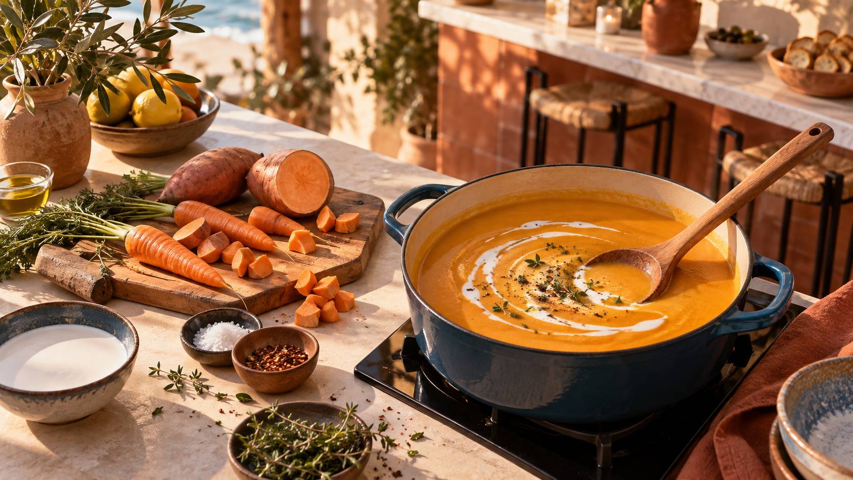 Casserole de veloute mixe avec patates douces et carottes sur une planche